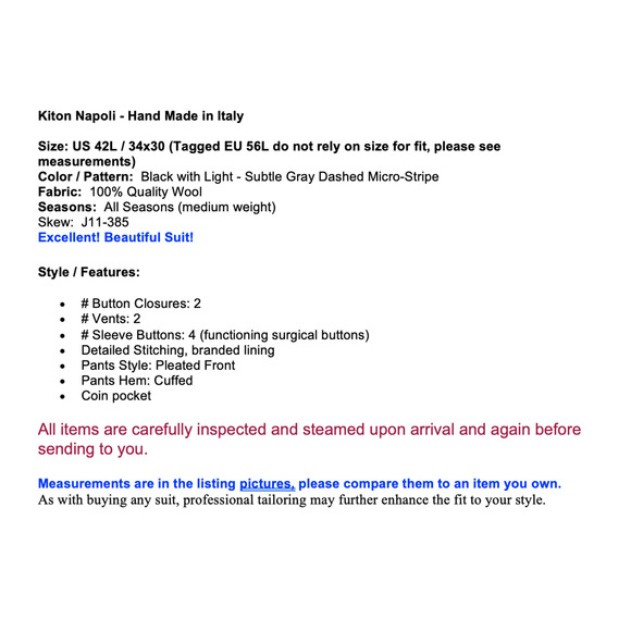 Kiton Napoli 42L 34x30 Black Multi-Stripe Designer Hand Made Luxury Suit - Picture 2 of 16